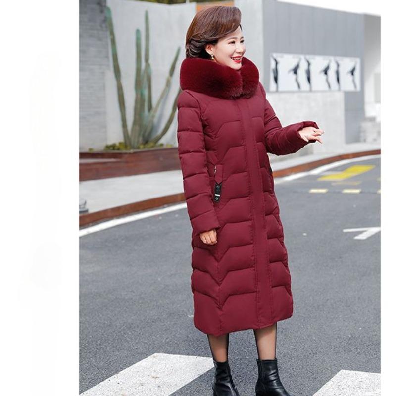 Winter Hooded Slim Down Cotton Jacket Solid Color Fur Collar Thick Parkas Coat Middle-aged Mother Warm Over-The-Knee Overcoat