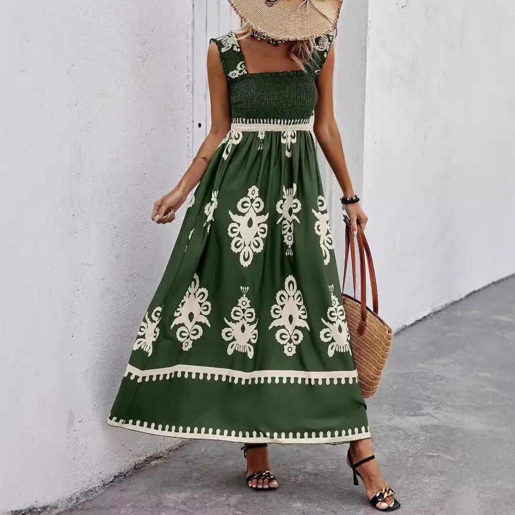 Women's Square Neck Sleeveless Maxi Dress Loose Fit High Waist Gentle Floral Print Summer Beach Vacation Flowy Boho Sundress