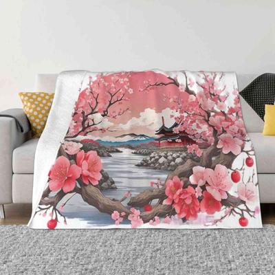 Japan Sakura Kreatives Design Bequeme Warme Flanelldecke Japan Sakura Kirschblüte Boho Floral Koreanischer Tempel Tokio Asiatisch