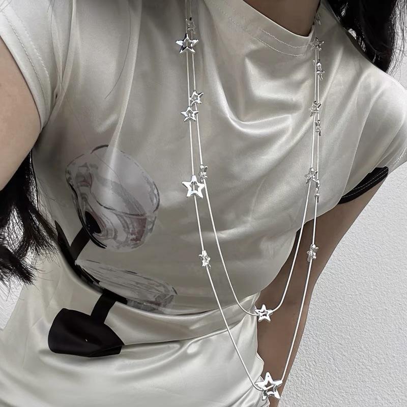 Sliver Color Hollowed-Out Five-Pointed Star Long Double-Layered Necklace For Women Temperament Personality Sweater Chain
