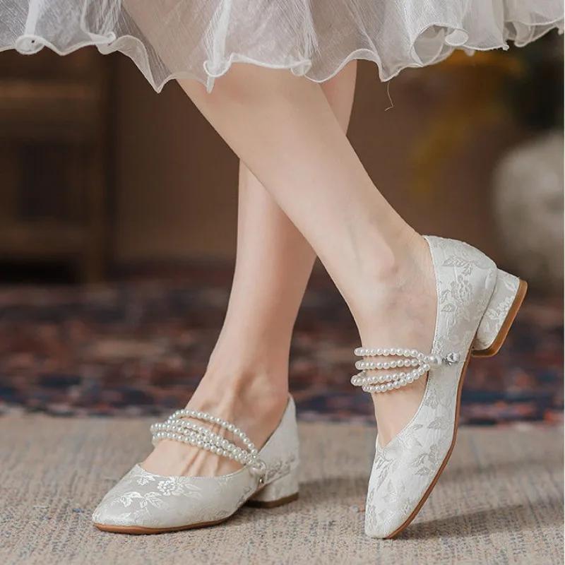 Fashion Low Heel Elegant Ladies Pumps Women's Shoes Square Toe Pearl Heels Mary Jane Gothic Japanese Style Lolita Quick Delivery Slip On