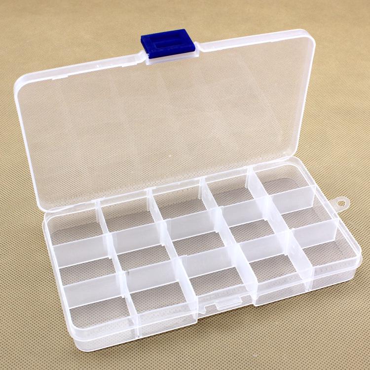Transparent 15-Compartment Removable Plastic Storage Box for Fishing Tackle.