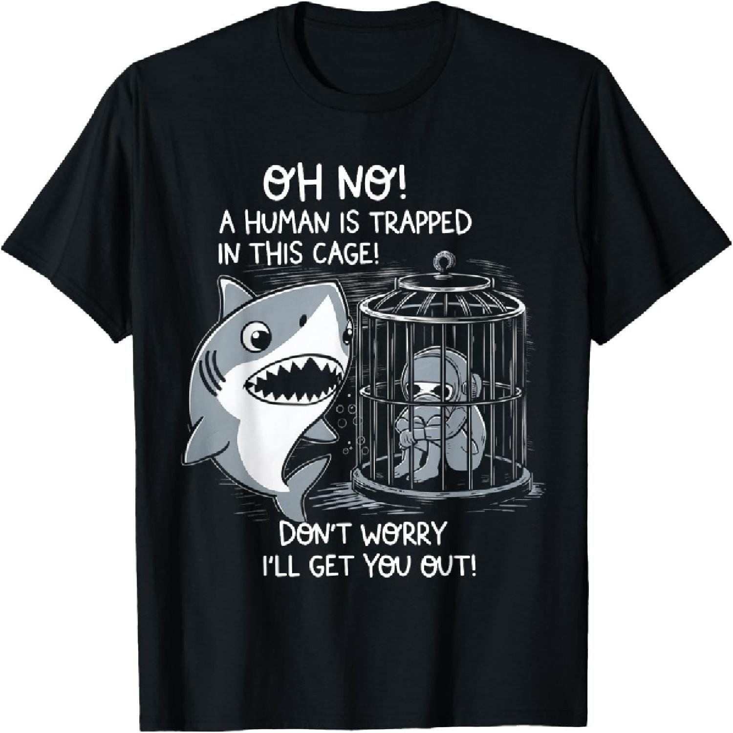 Oh No! A Human In A Cage Great White Shark Ocean Biologists T-Shirt S