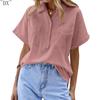 DX~Women's Cotton Linen Shirt Short Sleeved Henry Shirt Button Up V-neck Casual Work Top with Two Pockets