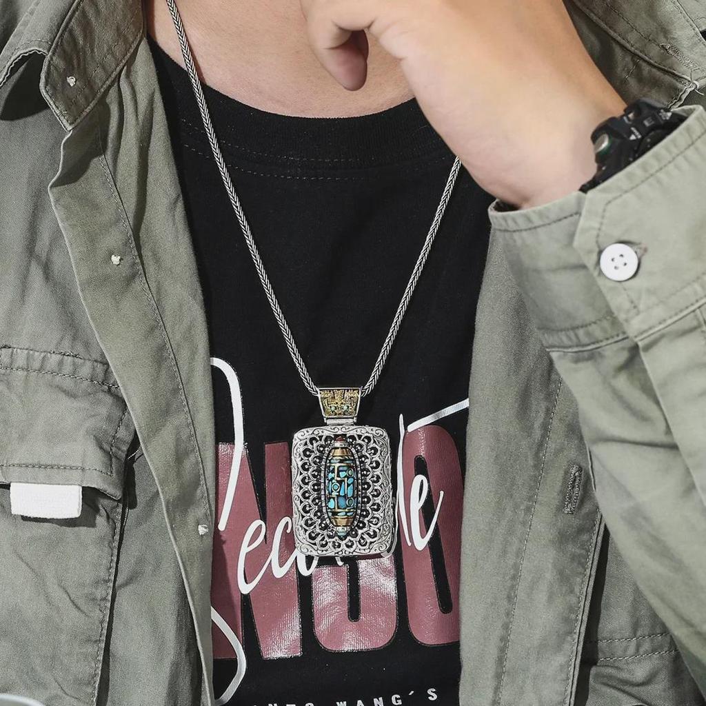 Men's Tibetan Turquoise Dzi Necklace with Taotie Pendant - Retro Style