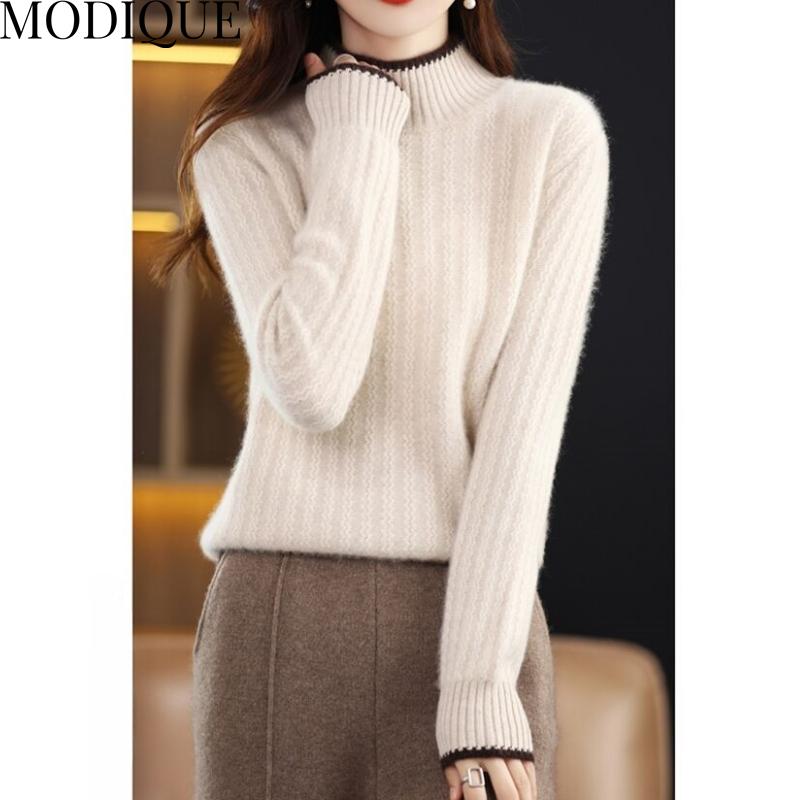 

MODIQUE Осень Зима Плюс Размер Женский Свободный Базовый Утепленный Шерстяной Вязаный Сплошной Цвет Полосатый Свитер Женский Повседневный Пуловер С Длинным Рукавом И Серединой Воротника Весна