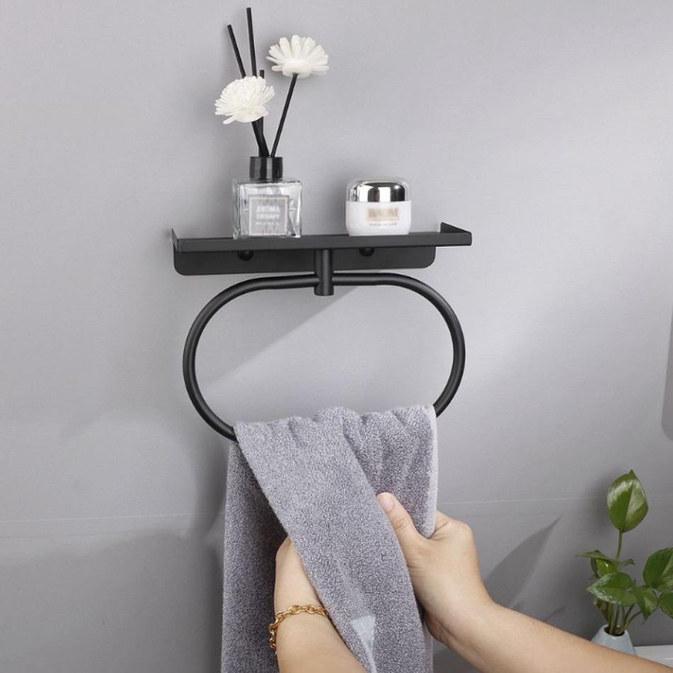 Bathroom Towel Ring with Shelf Stainless Steel Black Brushed Adhesive Wall Mounted Lavatory Oval Towel Holder Storage Hanger