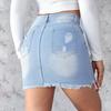 Summer New Style Slim-cut Denim Half-length Skirt with Frayed Edges, Women's Plaid