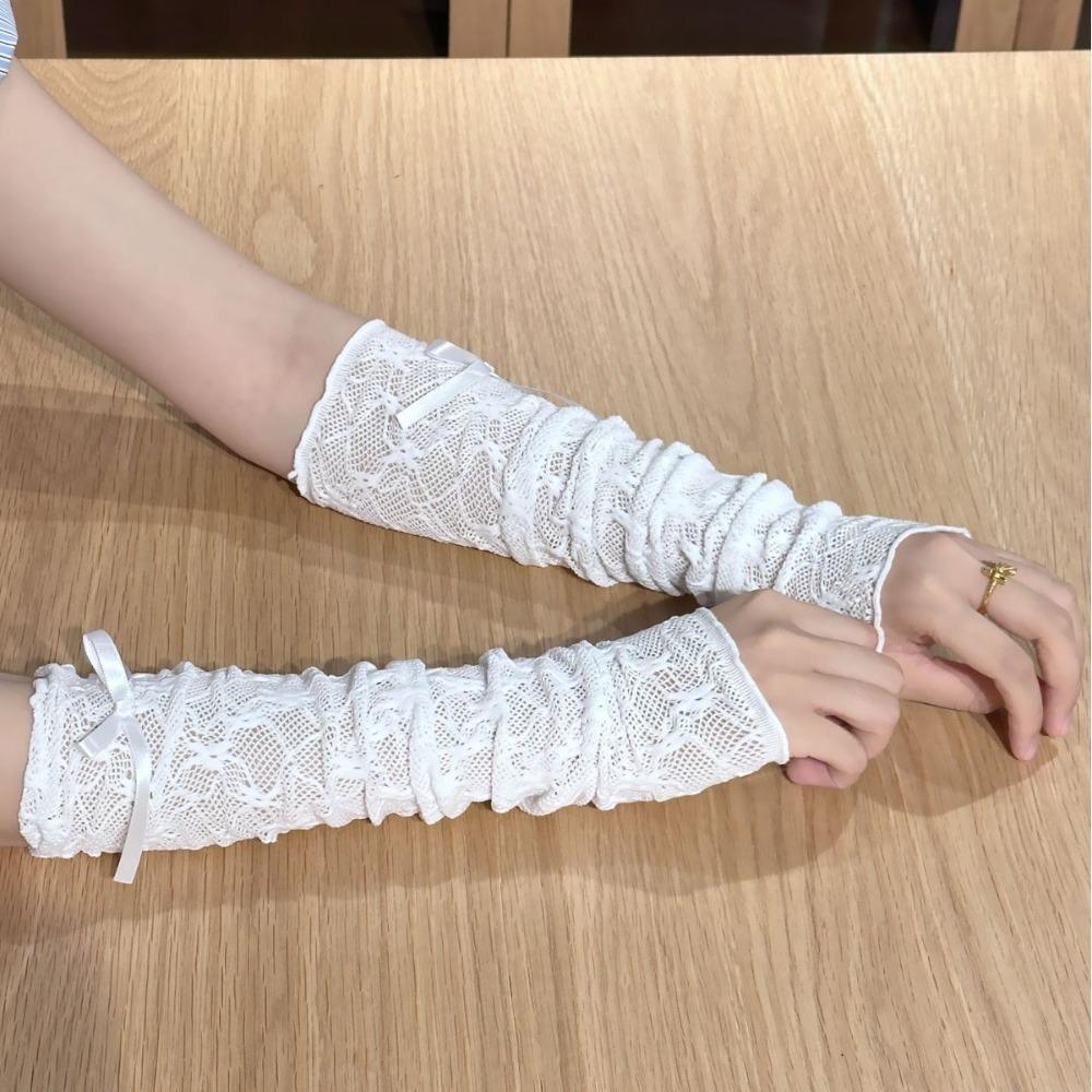 

Bowknot Strapping Fingerless Mittens Elastic Sunscreen Sleeve Anime Gloves Cosplay Accessories White 2