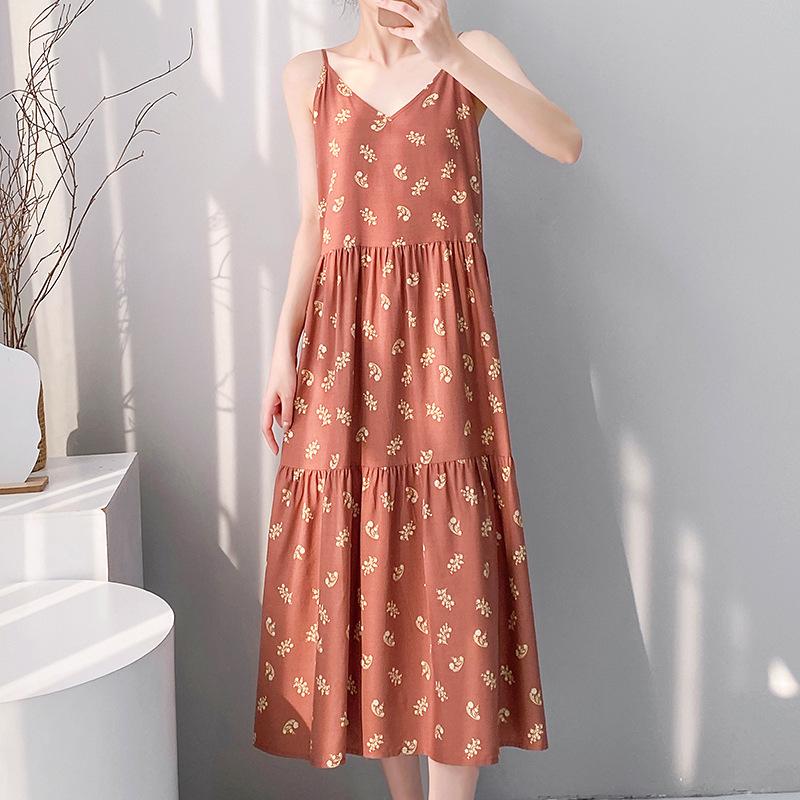 Printed women's cotton and silk nightgown large size sweet floral pajamas sleeveless loungewear summer thin can be worn outside