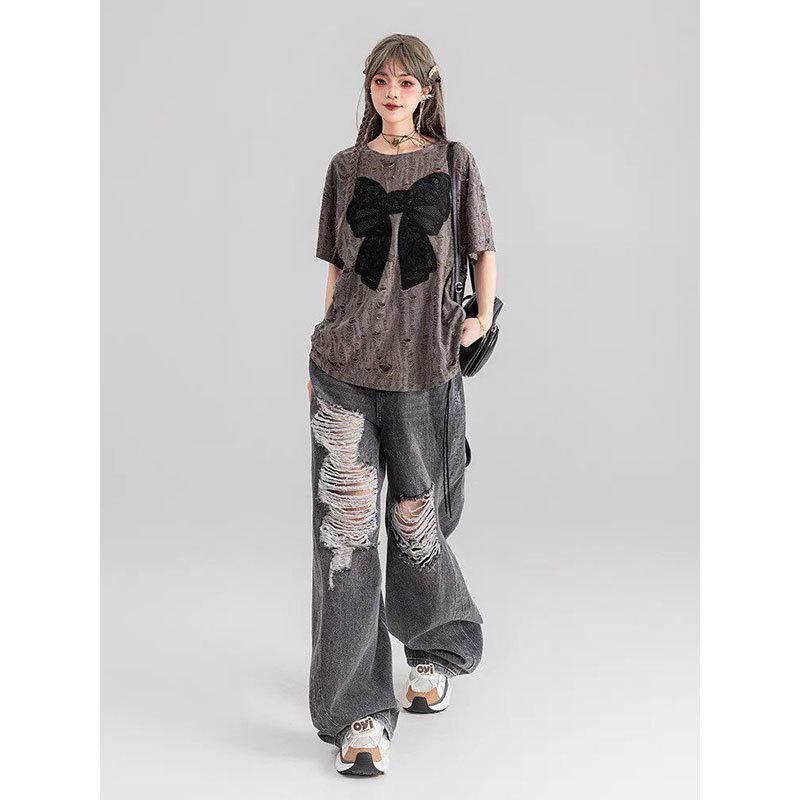 Bow Embroidery Short Sleeve T-shirt - Summer 2026, Dune Wasteland Style, Loose Fit, Ripped Drawstring, Slimming Design