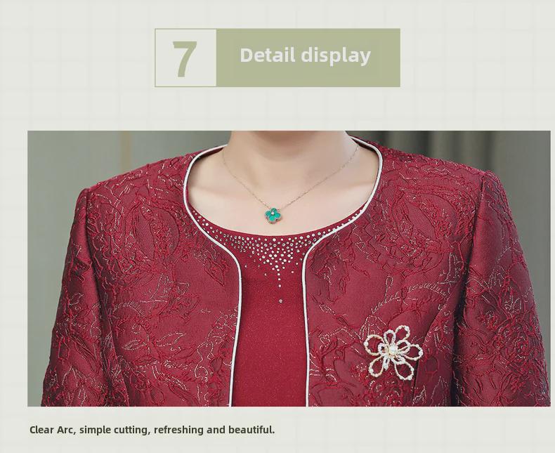 2023 Set rochie roșie din două piese pentru femei de vârstă mijlocie și în vârstă: Fusta la modă până la genunchi pentru nunți și banchete