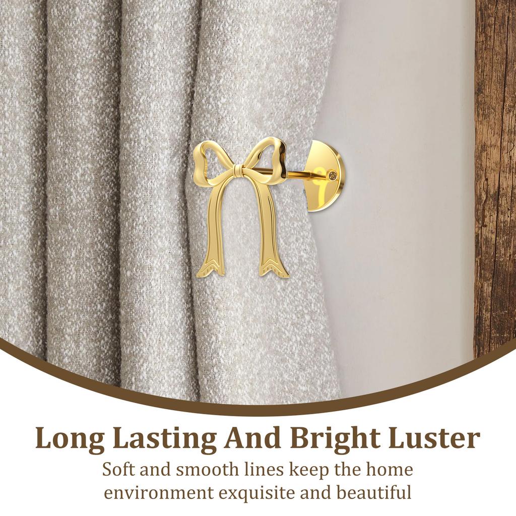 2Pcs Bow Curtain Holdback Gold Metal Curtain Tieback Wall Mounted Bow Wall Hook Pull Back Hook Decoration for Office Bedroom