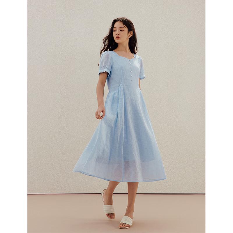 Inman French Square Neck Cinched Waist Short Sleeve Dress