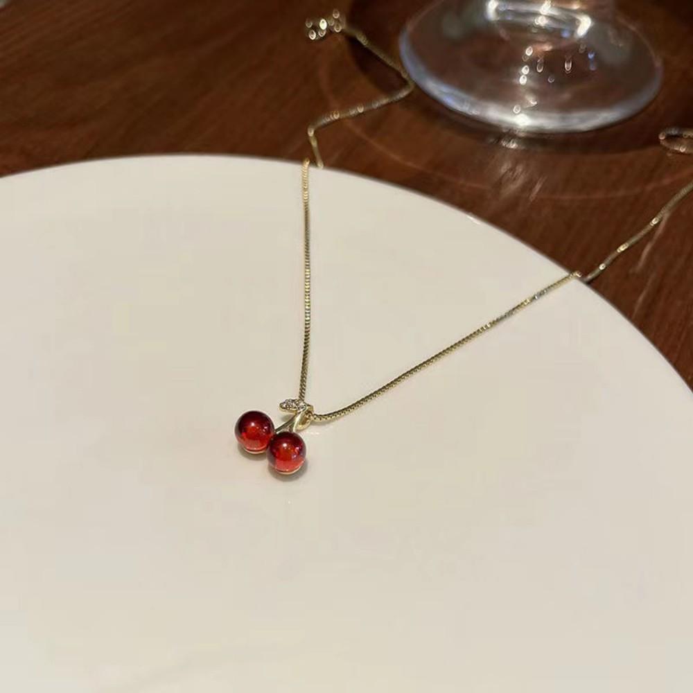 Sweet Red Cherry Jewelry Set Shiny Gold Chain Necklace Dangle Stud Earrings Zircon Women Trendy Fashion Gift
