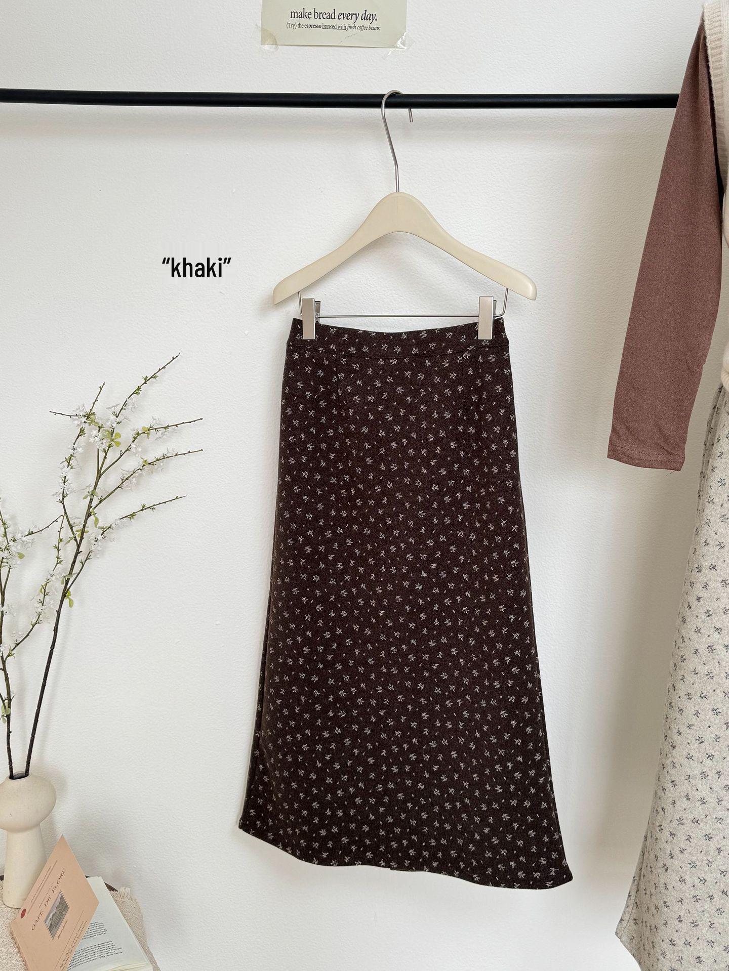 Winter Floral Woolen A-line High-Waisted Slimming Long Skirt One Size хаки