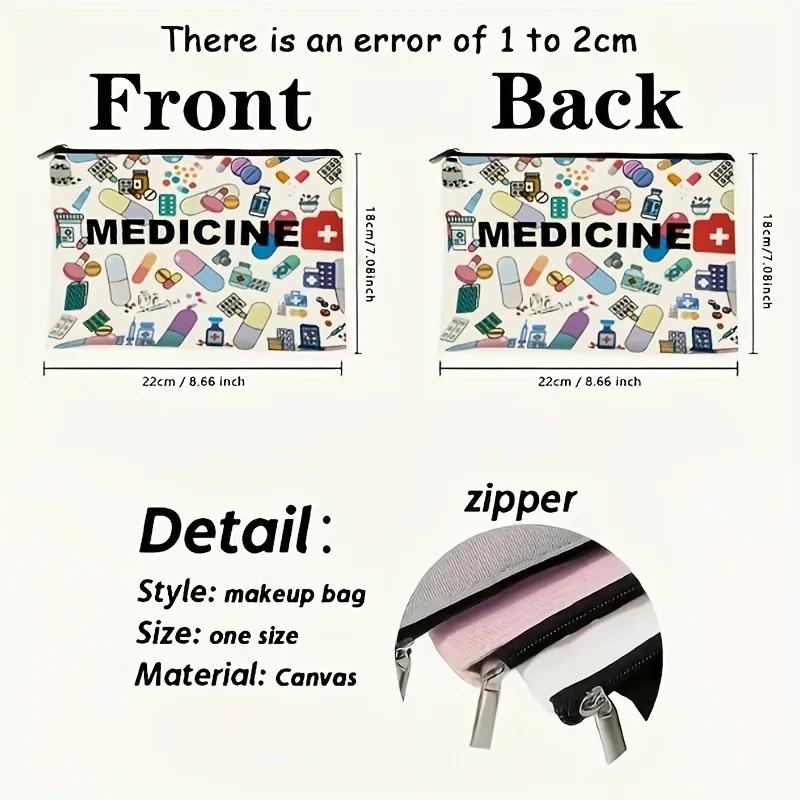 Medicine-Themed Cosmetic Travel Bag - Foldable Lightweight Zippered Makeup Organizer with Pill & Syringe Design, Durable Fabric