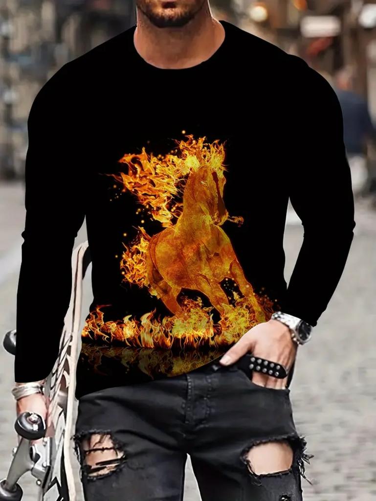 Men's T-Shirt Running Horse Graphic 3D Print Fashion Long Sleeve Crew Neck Unisex Tee Shirt Casual Summer Personality Men's Top