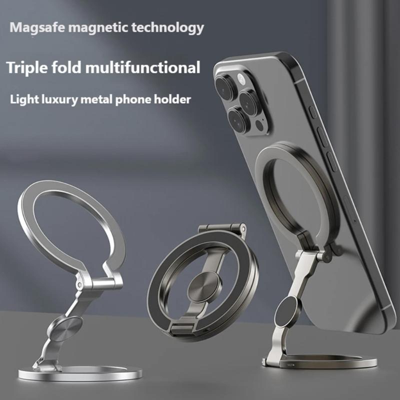 Double Hoop Magnetic Phone Holder with Full Rotation Capability Foldable Metal Construction for Desks