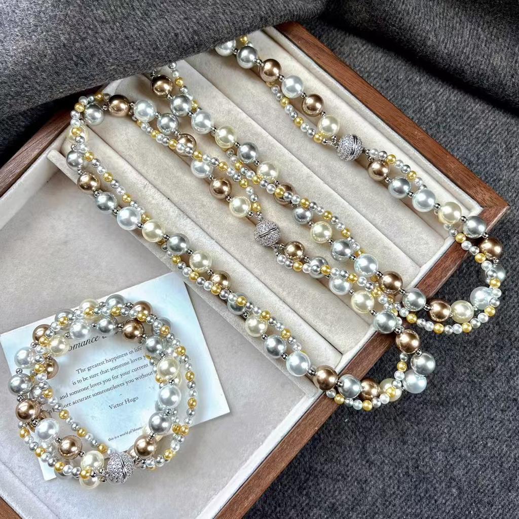 Strong Light Is Round High Quality Artificial Crystal Pearl Mixed Color Maillard Double-Layer Winding Necklace Collarbone Chain