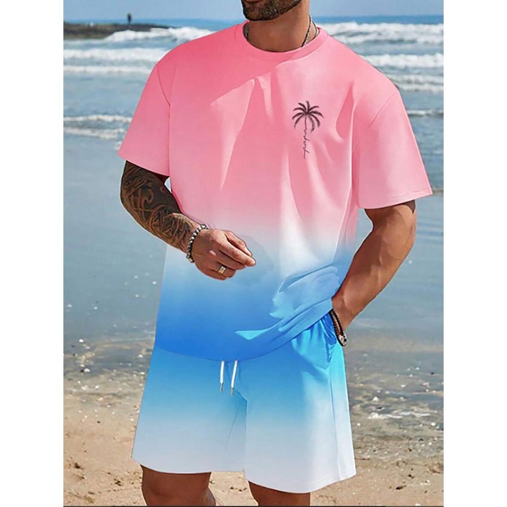 Summer Men's Two-Piece Set Hawaii Fashion Casual Men's T-shirt Outdoor Beach Men's Shorts Palm Tree Print Round Neck Soft
