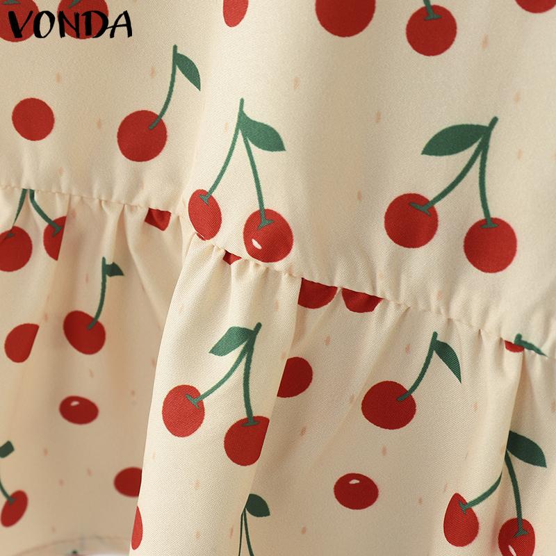 VONDA Women Summer Short Sleeve Bow Knot Printing Casual Ruffled Cropped Blouse