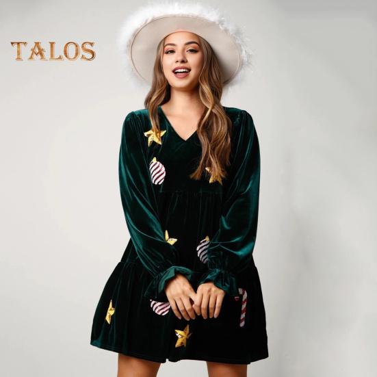 Weihnachtskleid für Damen, festlich, mit Sternendruck, Patchwork, Pailletten, A-Linie, plissiert, V-Ausschnitt, lange Ärmel, Rüschen, Samt, Party, Neujahr, Minikleid