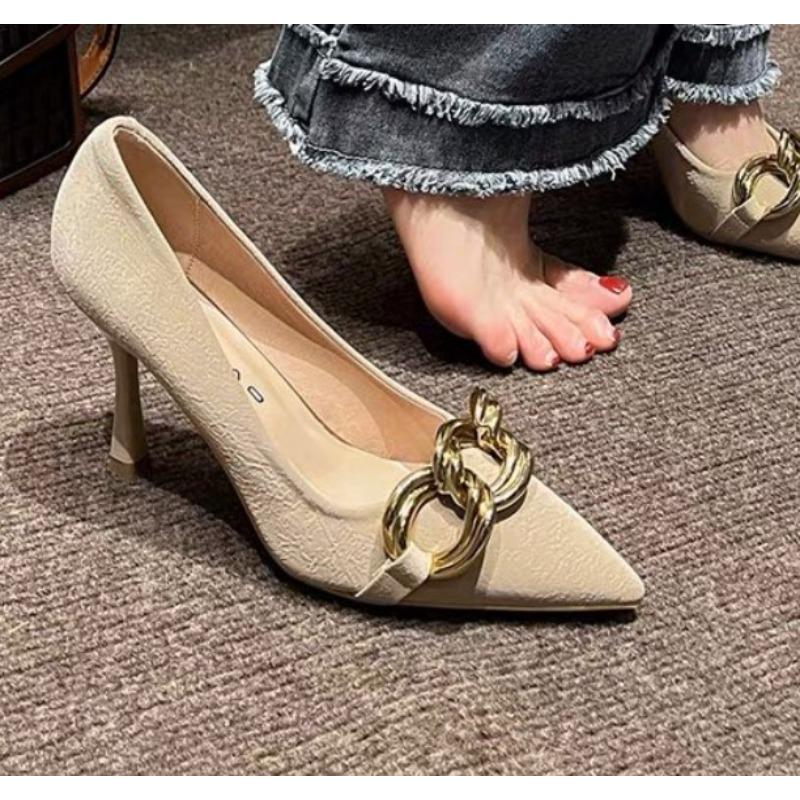 Fashion Shoes Woman Trend Luxury Women's Shoes Genuine Leather Metal Button High Heels Shoes New Popular Pointed Toe Fashion Sexy Party