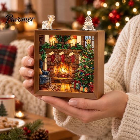 Decorative Room Lighting Christmas Acrylic Puzzle Night Light with Wooden Frame, DIY Stained Glass Style Creative Gift for Kids Jigsaw Lamp