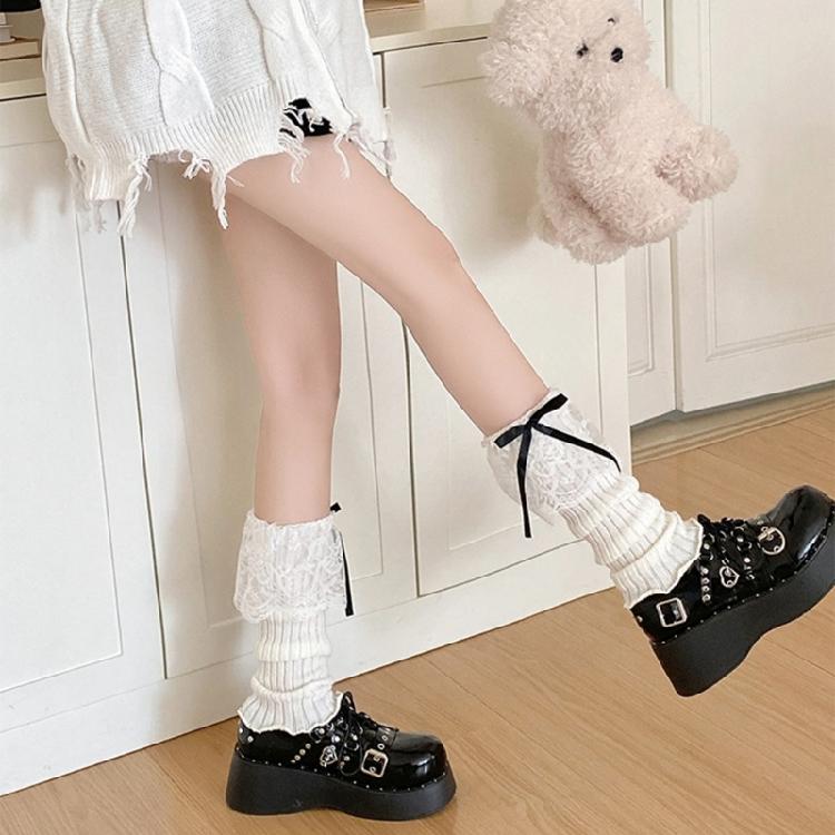 Women Aesthetic Ribbed Knit Stretch Leg Warmer Japanese Boot Cover Sweet Ruffled Lace Trim Bows Leg Sleeve Long Socks