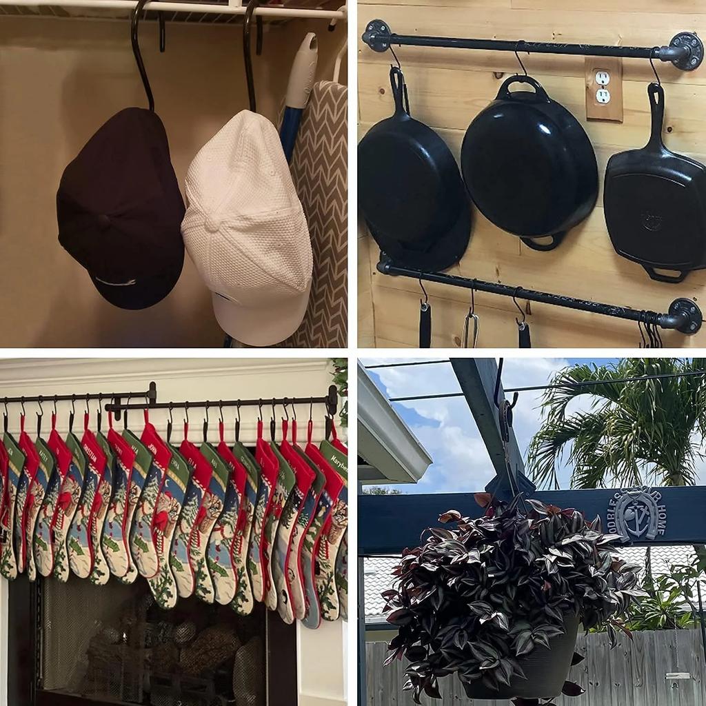 Large S Hooks for Hanging Heavy Duty  6 Inch Non Slip Vinyl Coated Metal Black Closet S Hooks for Hanging Plants Outdoor Lights and Kitchen Pot Pan