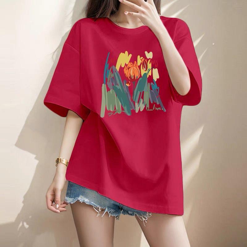 Women Clothing Chic Hand-Painted Flower Printing T-shirt Summer Elegant Fashion Pure Cotton Basic Top Tee Lady Loose Pullovers