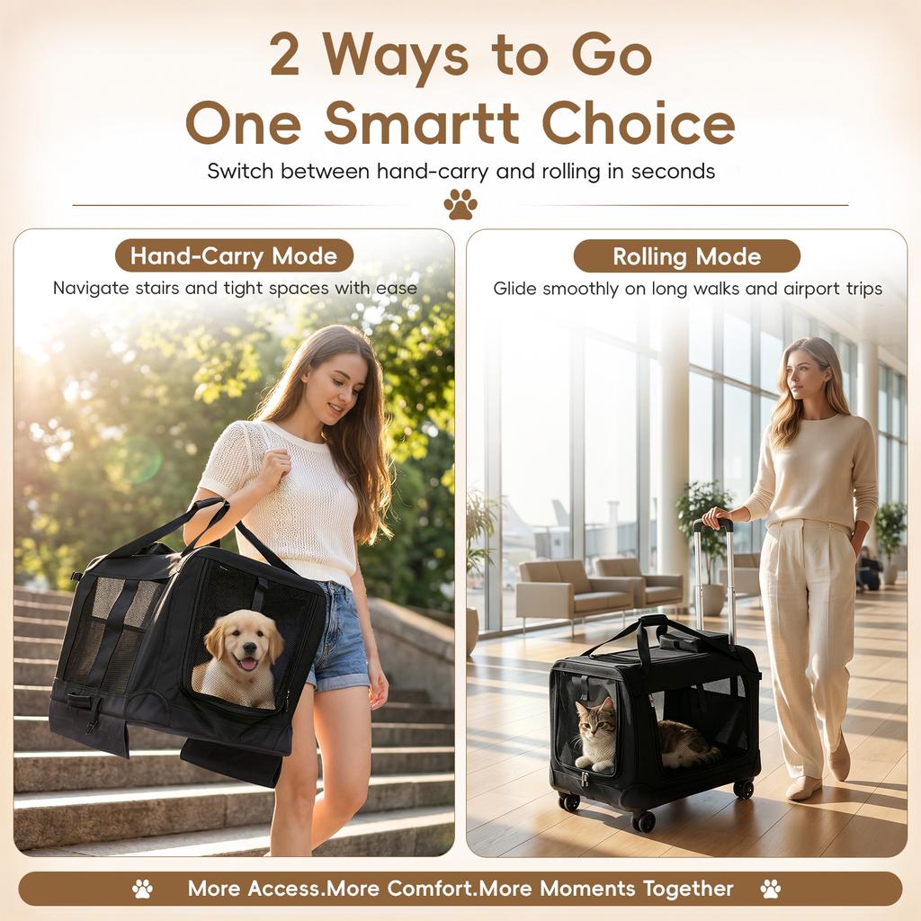 Rolling Pet Box with Telescopic Handle, Foldable Pet Travel Cart with Wheels, Breathable Mesh Dog and Cat Bag Trolley