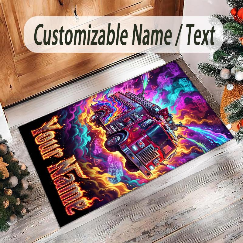 Fire Truck Theme Crystal Velvet Rug Personalized Custom Name Text Soft Floor Mat Home Decor