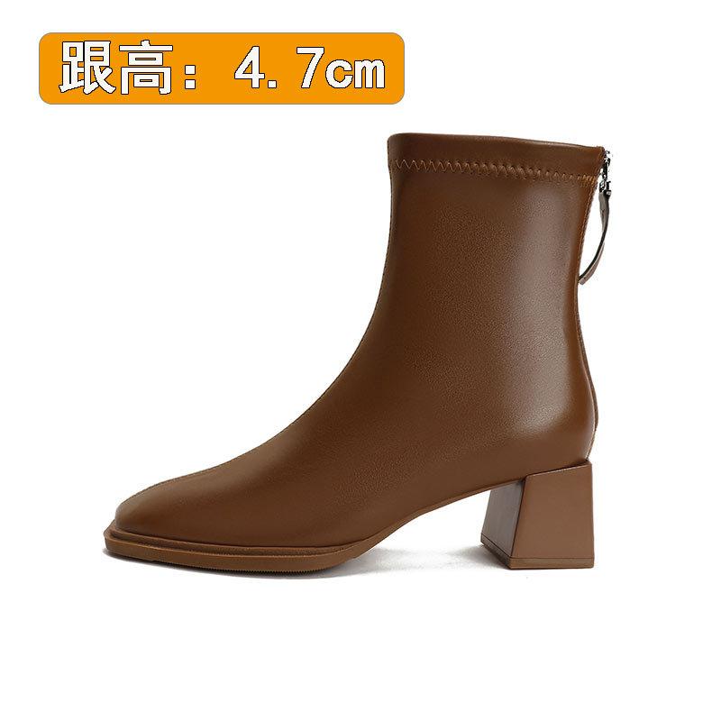 

Индивидуализированные французские короткие сапоги на высоком каблуке 2025 новые модные сапоги на толстом каблуке из мягкой кожи весенне-осенние одинарные сапоги с квадратным носком тонкие сапоги 40