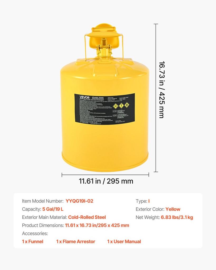 Safety Can, 19 L Type I Yellow Safety Can for Diesel with Stainless Steel Flame Arrester, Self-Closing Lid, and PE Funnel, Carbon Steel Flammable Fuel