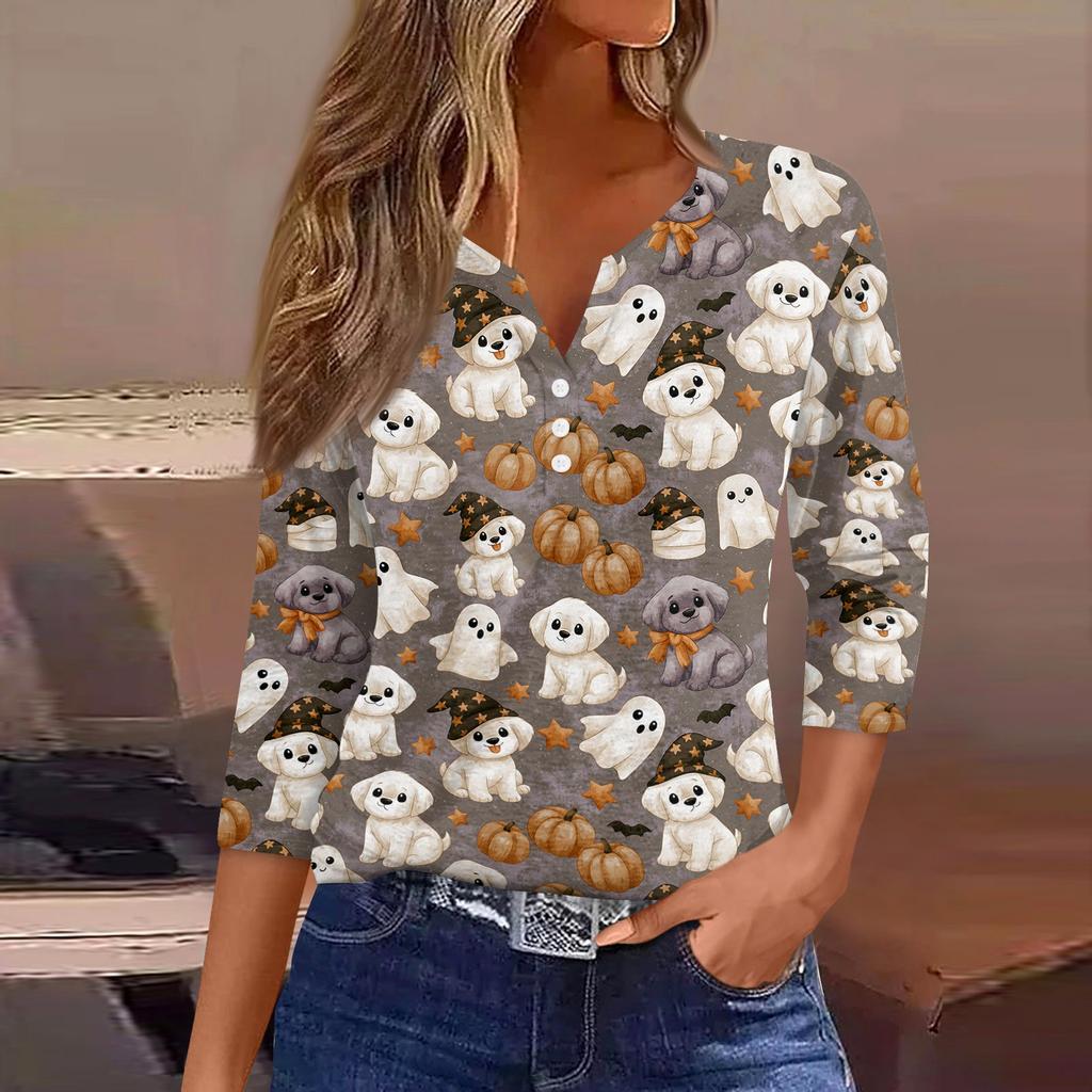 Lady's fashionable casual V-neck buttoned Halloween print three-quarter sleeve