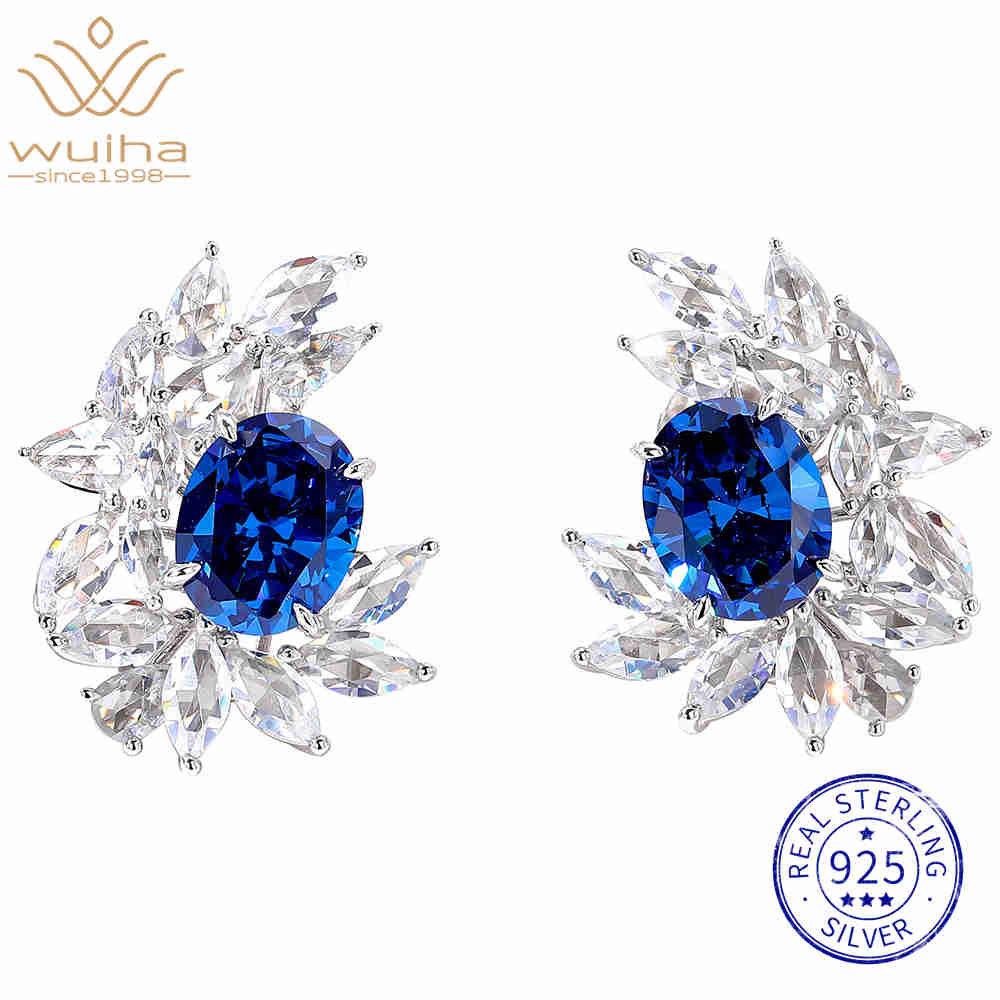 WUIHA Vintage 100% 925 Sterling Silver Lab Sapphire High Carbon Diamonds Gemstone Cocktail Ear Studs Earrings Fine Jewelry