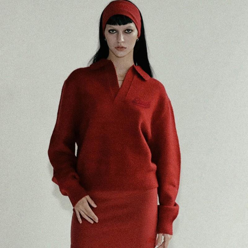 Korean Badblood BCAC Series Women's Red Polo Collar Sweater - Casual Loose Knitwear