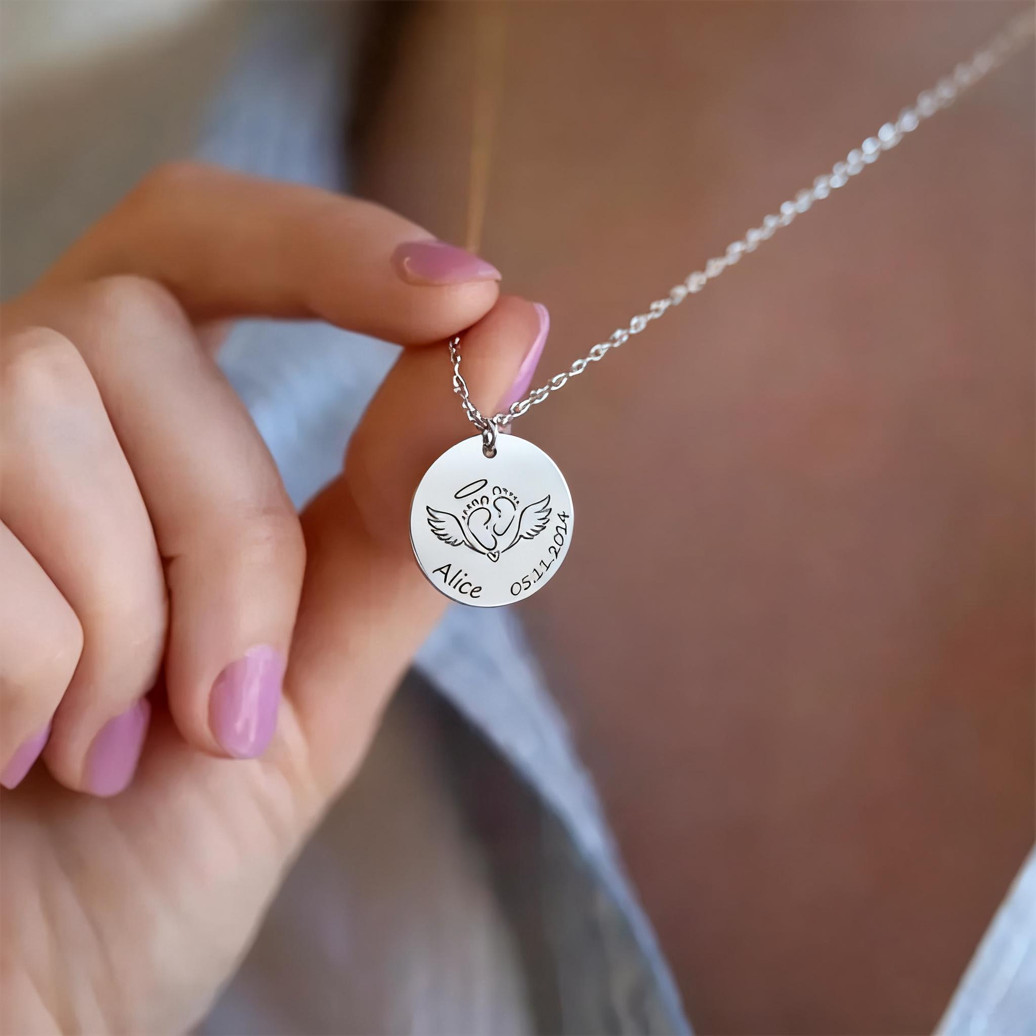 

Personalized Memorial Necklace For Women Girls Engraved Name&Date Angel Keepsake Wing &Footprint Elegant Stainless Steel Jewelry