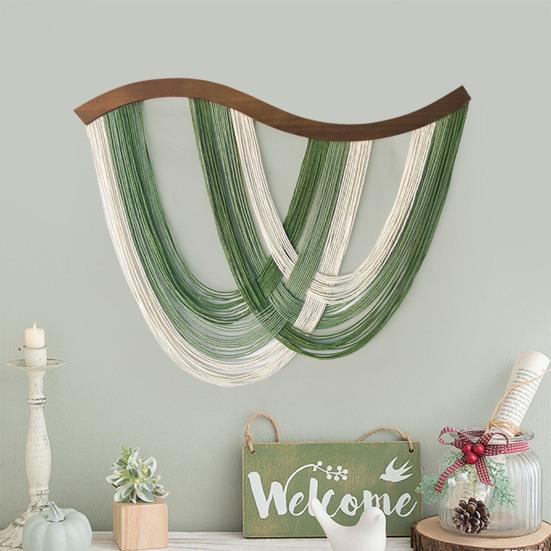 Handmade Bohemian Hanging Tapestry Gradient Green to White Cotton Woven Tassel Tapestry Living Room Bedroom Wall Art Decoration