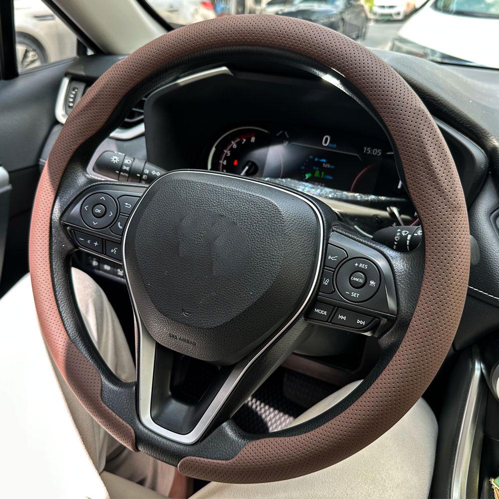 Leather Round Car Steering Wheel Cover Flat-Bottom Breathable Comfortable Feel Steering Wheel Cover D-type Steering Accessories