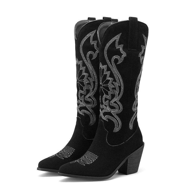 

Новые винтажные джинсовые сапоги в стиле вестерн с вышивкой на толстом каблуке Knight и высокими рукавами