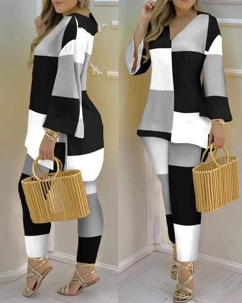 2023 Spring Women's European & American V-Neck Long-Sleeve Fashion Set