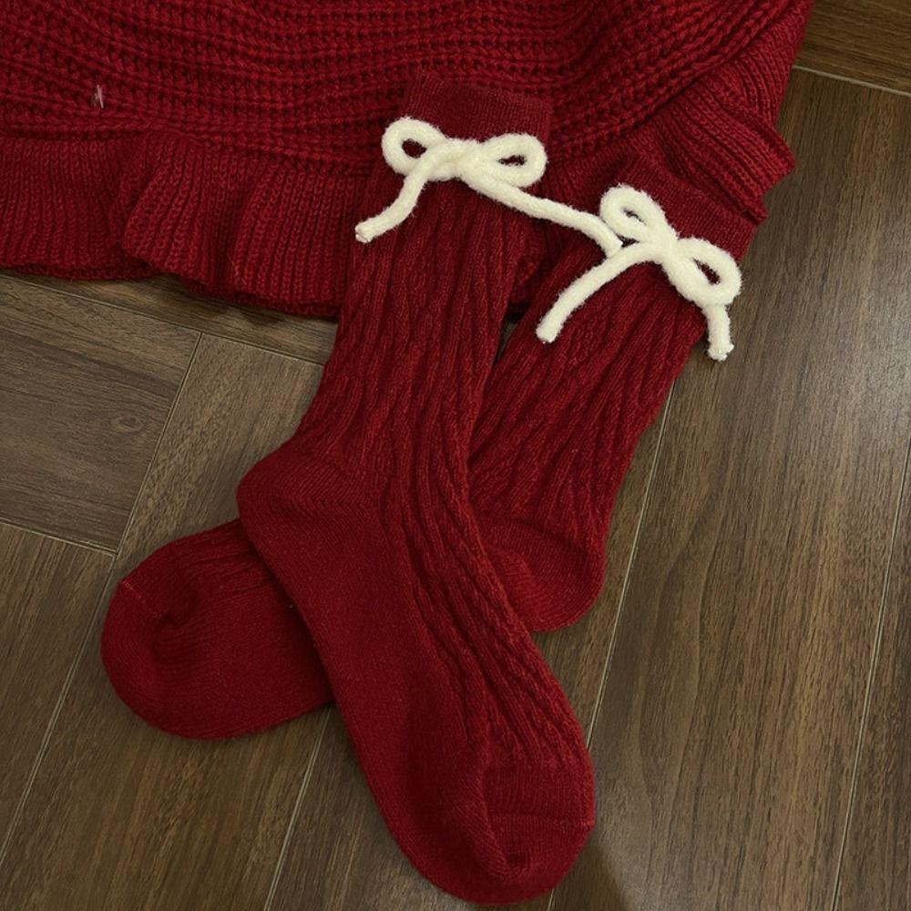 

JK Middle Tube Socks Y2K Winter Calf Socks Cute New Year Red Bow Socks Autumn and Winter