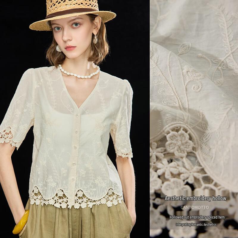 Women s French V-Neck Embroidered Hollow-Out Cotton Shirt XL