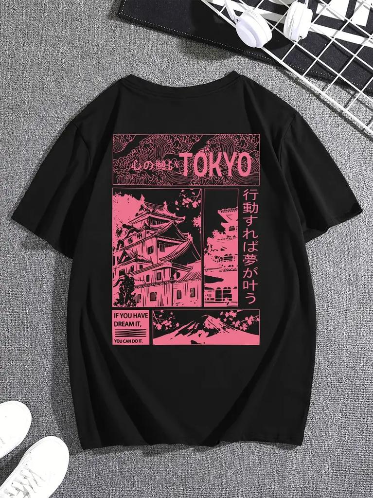 Summer Harajuku Letter Graphic T Shirts Y2k Tokyo Skyline Japanese Architecture Print WoUnisex Unisex Streetwear Vintage Tee Clothing