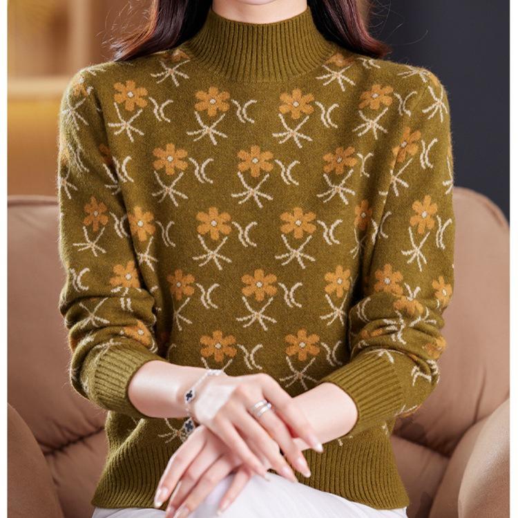 Jacquard Sweater Loose Half Turtleneck Knitted Sweater for Women In Autumn and Winter Fashionable and Casual Pullover