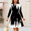 Women Plus Size Round Neck Long Sleeve Gathered Waist Printed A Line Flared Dress