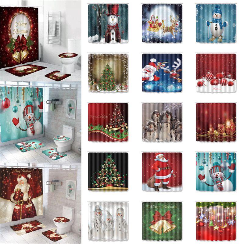4pcs Shower Christmas Curtain Toilet Cushion Set Cover Mat Pad Rug Xmas Bathroom